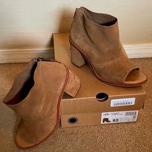 UGG Chestnut Suede Peep Toe Booties, Size 8.5M